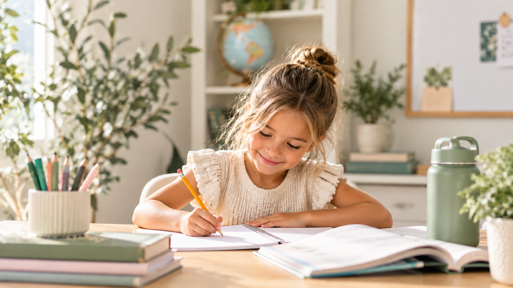 Child focused at a school desk, working on an assignment
